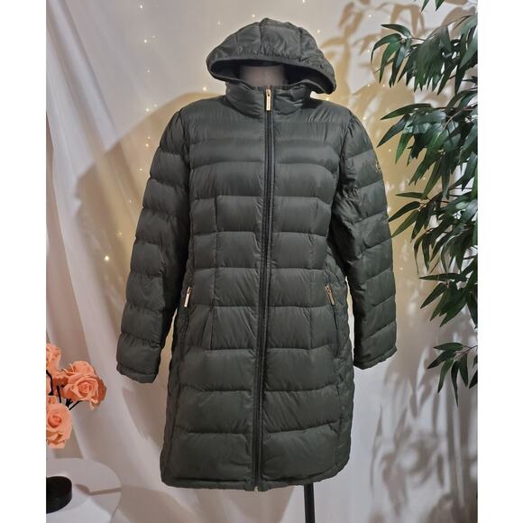 MK Michael Kors Packable Down Hooded Mid Length Puffer Coat Size XL Olive Green - Picture 1 of 14